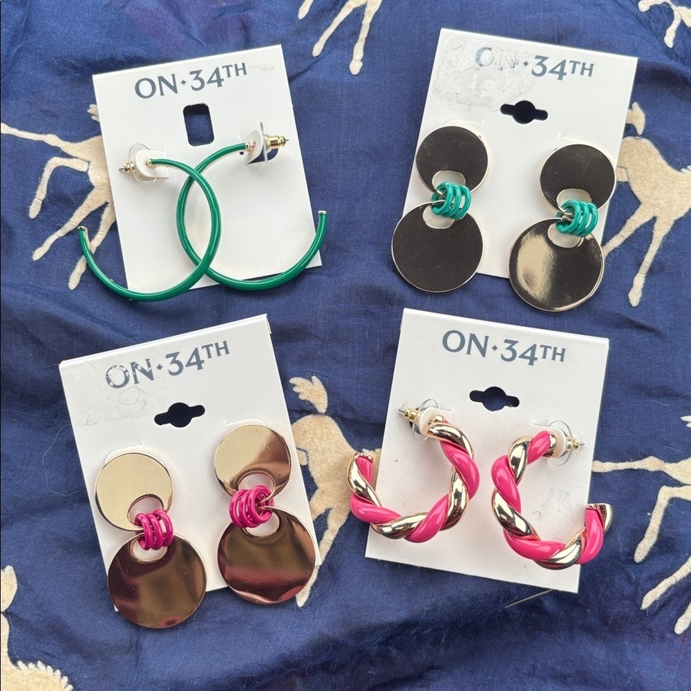 Brand New On 34th Set of 4 Pairs of Gold Tone Pink Green Drop Hoop Earrings